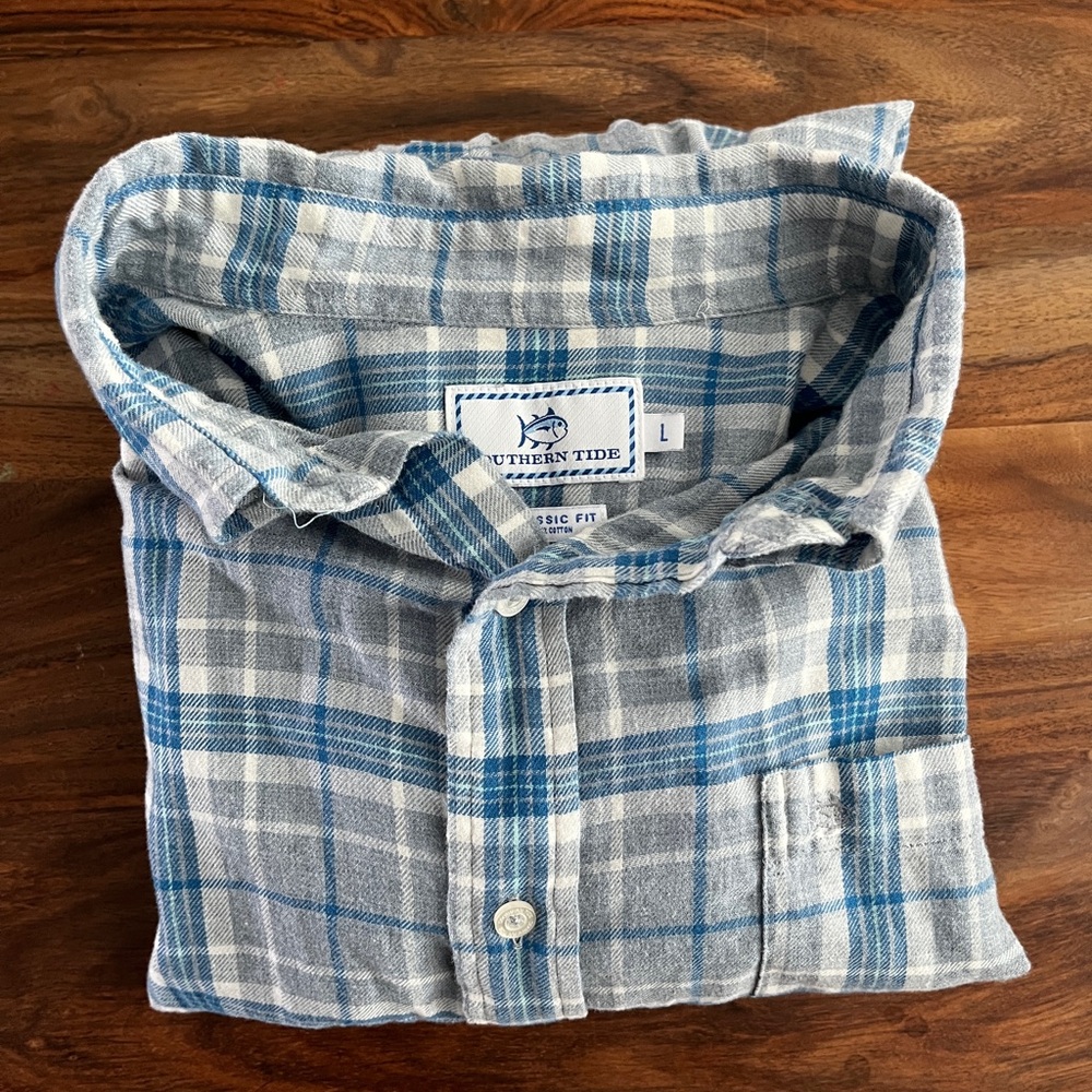 Southern Tide Classic Fit L  Flannel Cotton Blue and White Long Sleeve Shirt